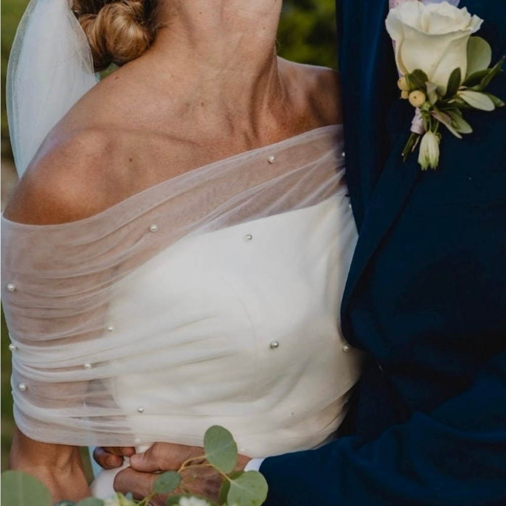 Sheer, pearl embellished, off shoulder, bridal wrap topper shawl coverlet